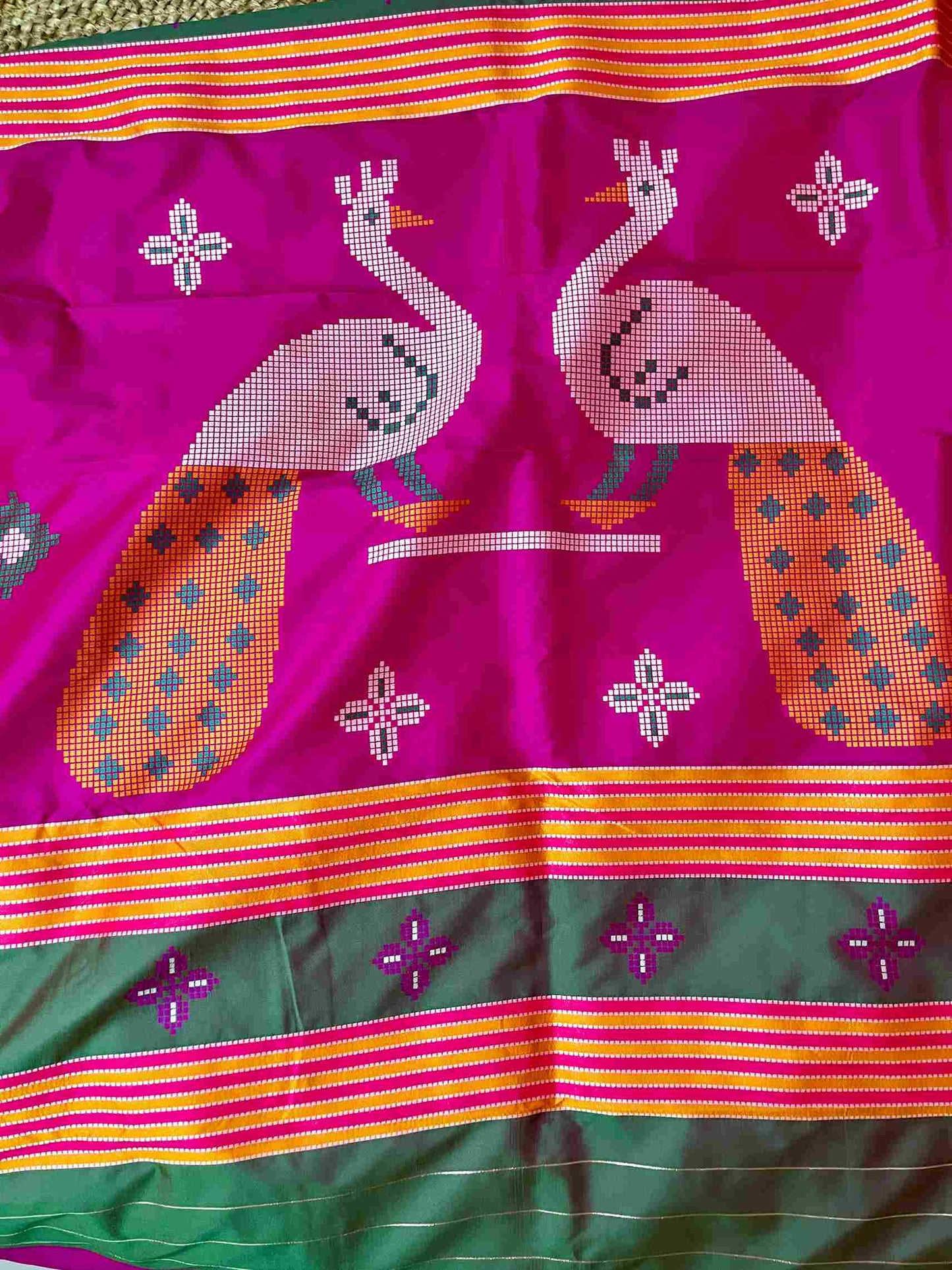 Bottle Green Semi Katan Silk Saree with Handwoven Peacock Design