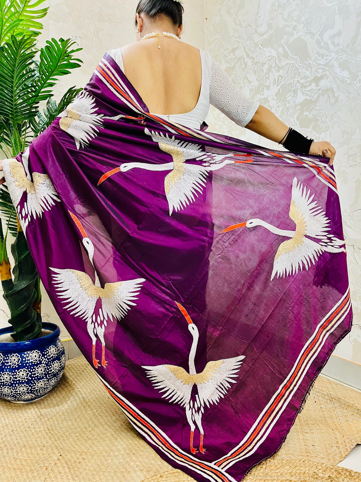 Wine Colour Crane Motif Kantha Stitch Saree