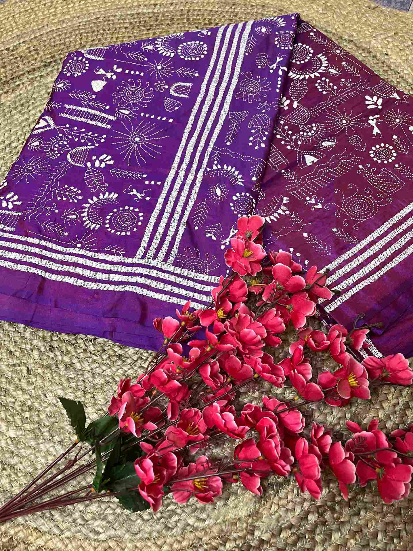 Desi Aadat Kantha Stitch Saree in Purple Blended Bangalore Silk with Worli design – handwoven elegance