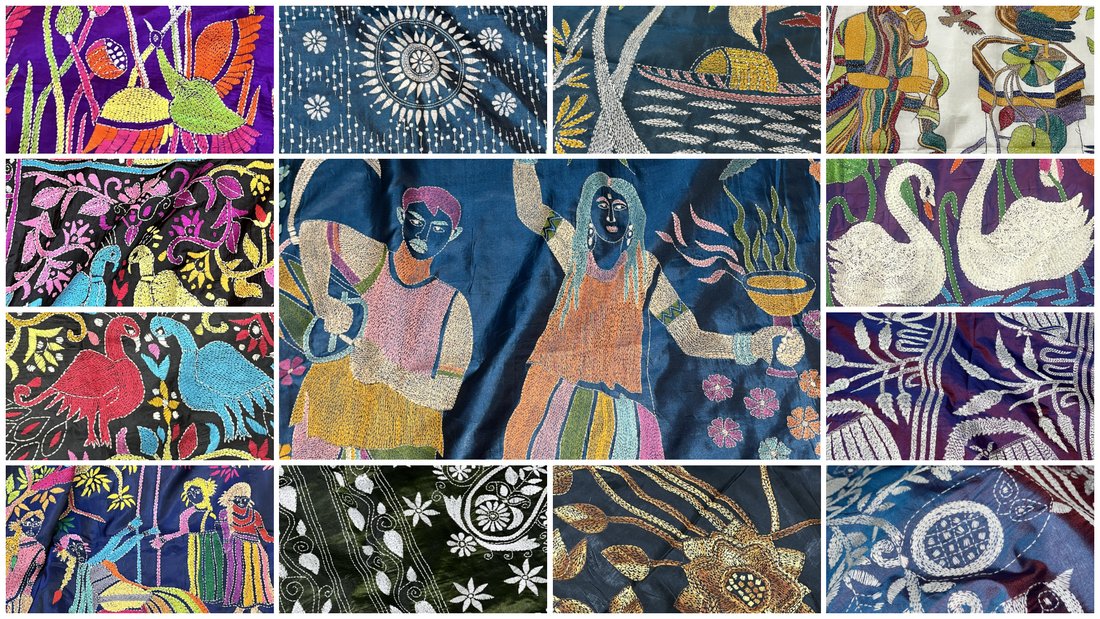 Photo collage showing diverse handcrafted Kantha stitch saree motifs, featuring traditional Bengali folk artwork, dancing figures, swans, birds, geometric patterns, and floral embroidery on silk fabrics