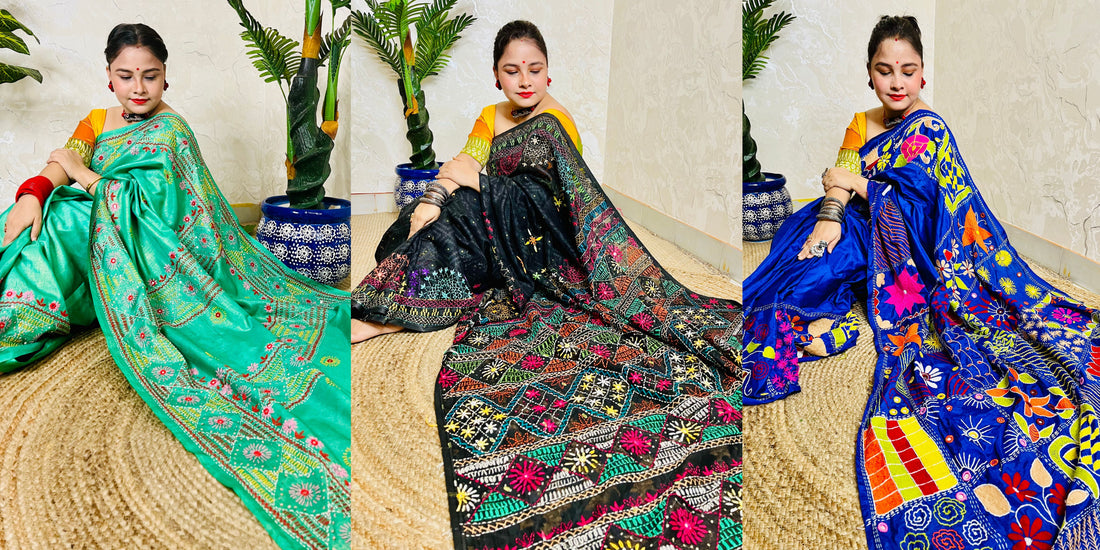 Woman wearing different colours of handcrafted Lambani Stitched Saree