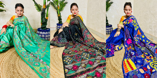 Woman wearing different colours of handcrafted Lambani Stitched Saree