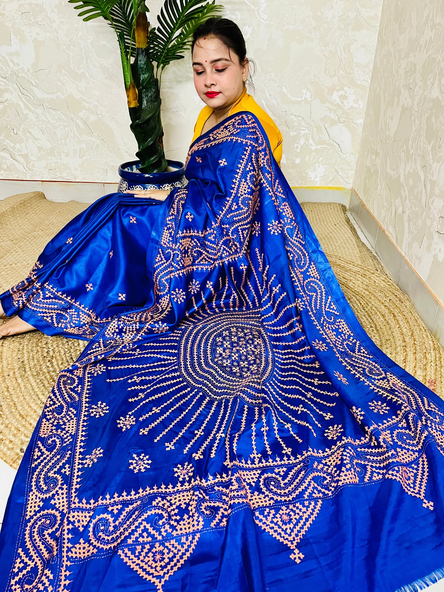 Gujarati Stitch Saree with handwoven embroidery in vibrant colors