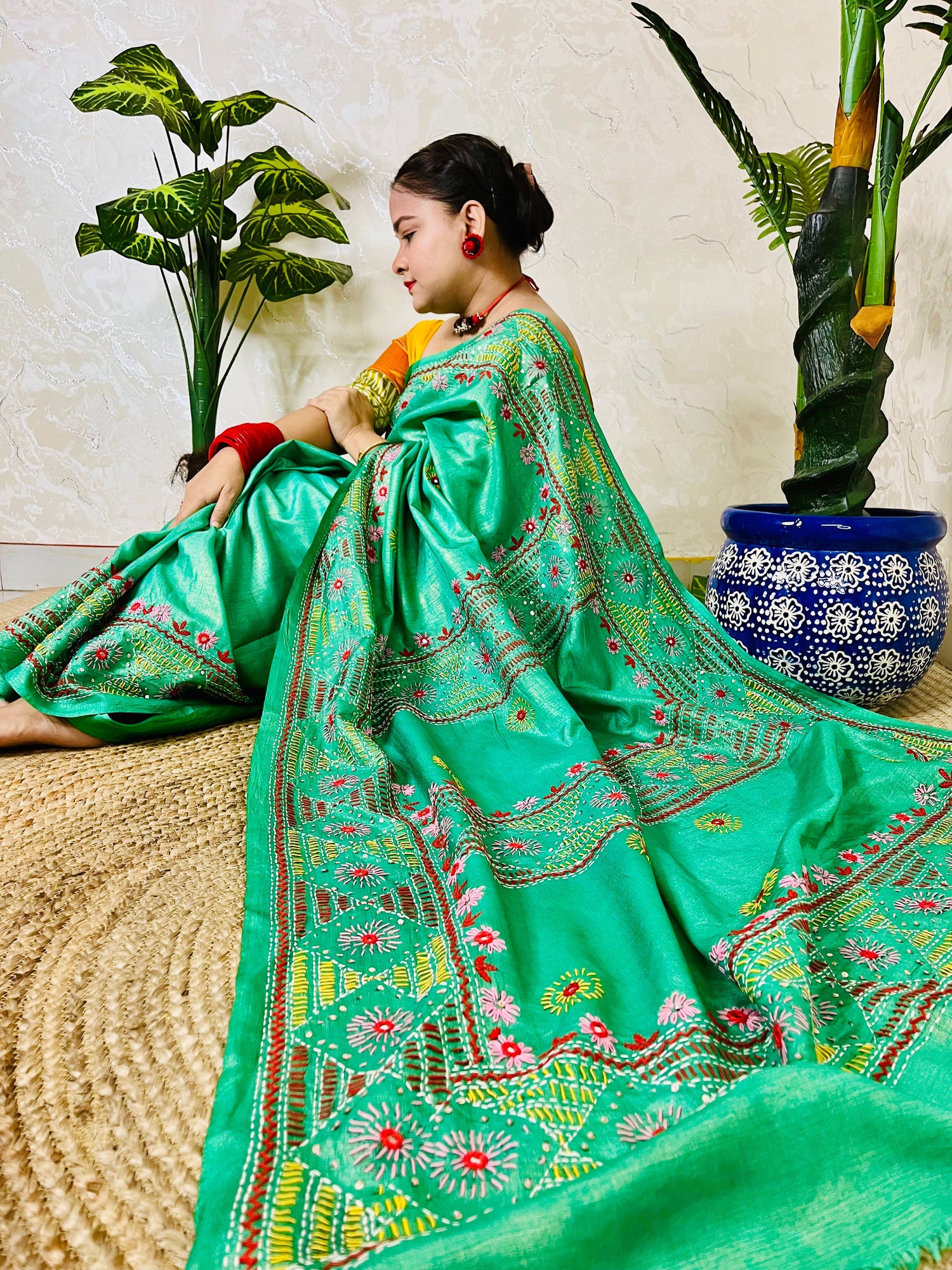 Sea green Lambani handstitched pure tissue silk saree with embroidery design