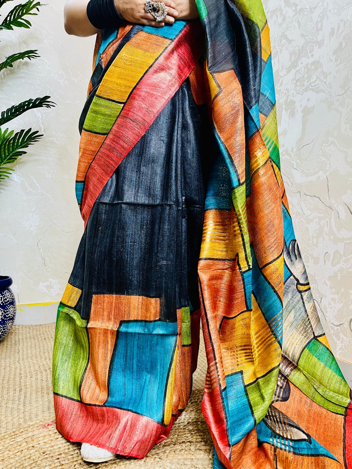 Black Multicolour Ghicha Silk Saree with Artistic Motif