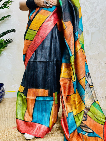Black Multicolour Ghicha Silk Saree with Artistic Motif