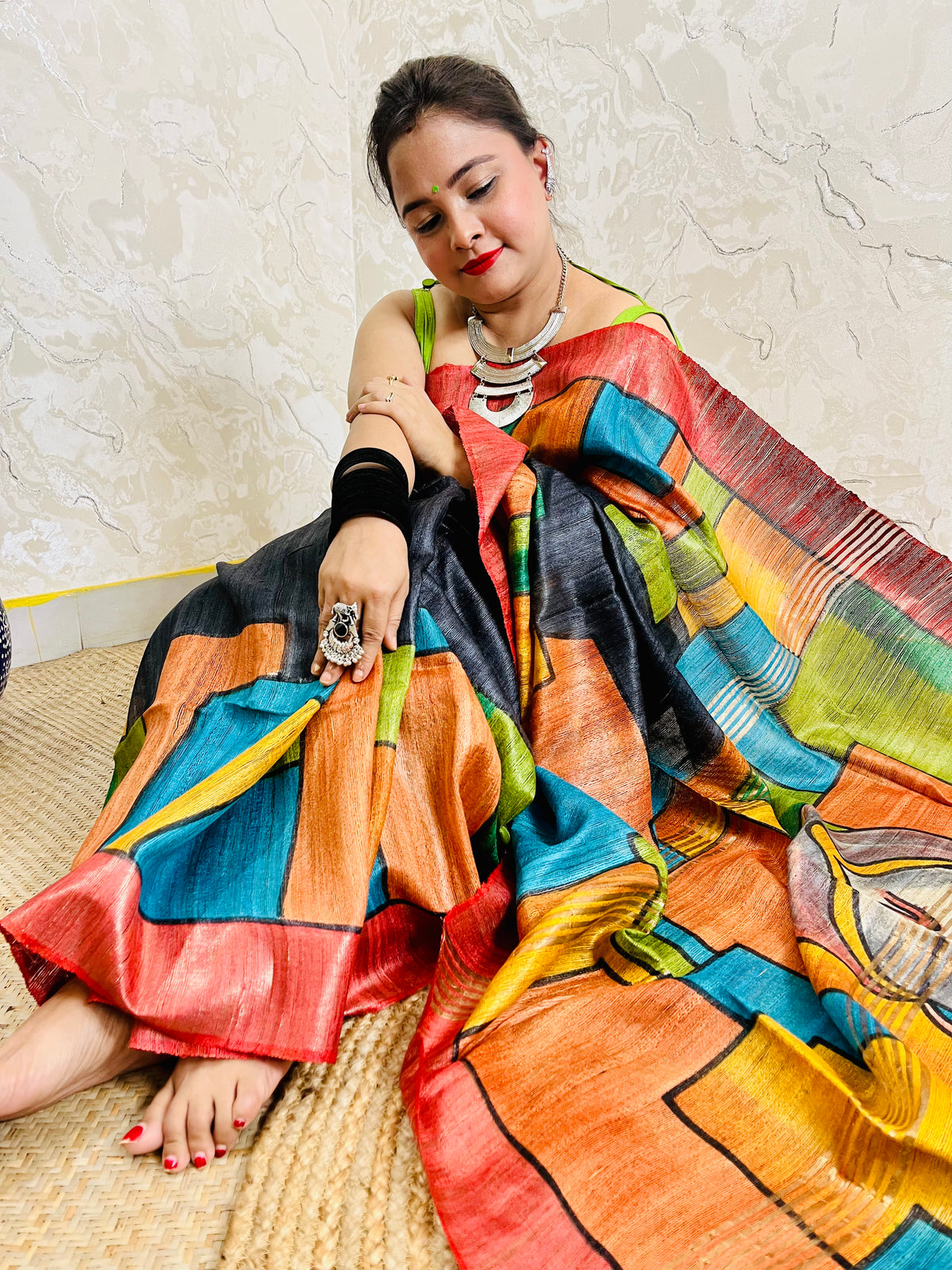 Artistic Ghicha silk saree with handpainted figure and multicolour pattern detail