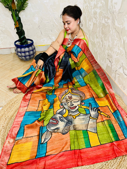 Handpainted Ghicha silk saree black multicolour with artistic motif woman sitting pose
