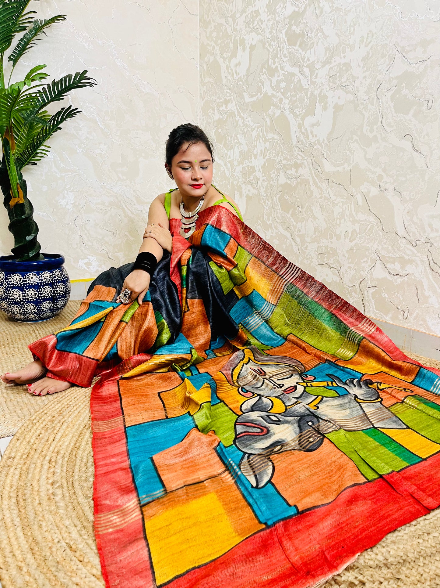 Indian woman wearing Ghicha silk saree multicolour handcrafted saree styling look