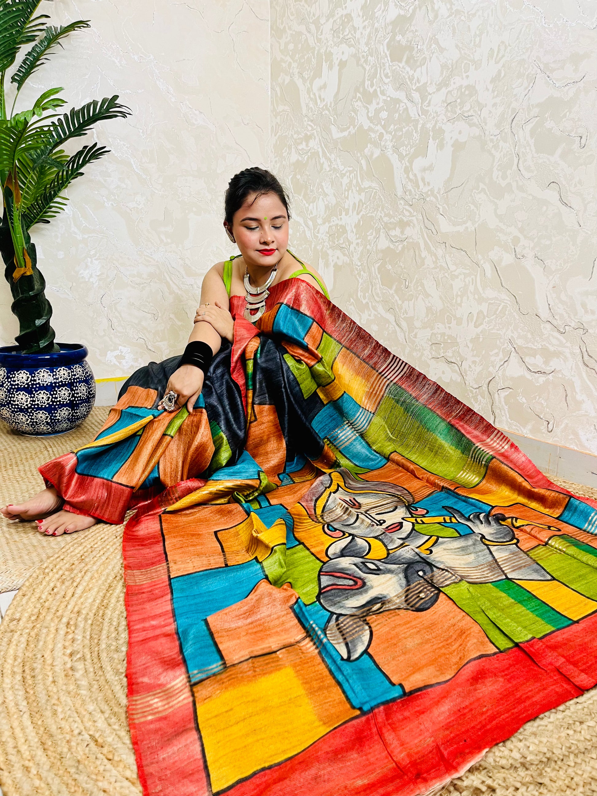 Indian woman wearing Ghicha silk saree multicolour handcrafted saree styling look