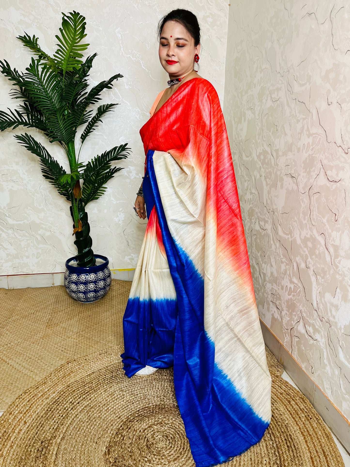 Red & Royal Blue Ghicha Silk Saree – Traditional Handwoven Elegance