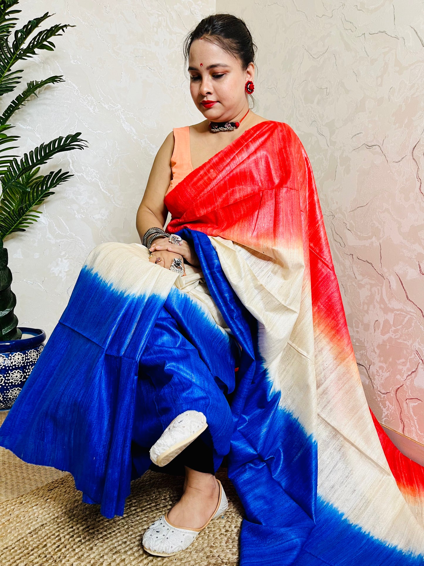 Red & Royal Blue Ghicha Silk Saree – Traditional Handwoven Elegance