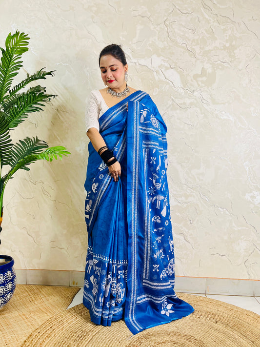 Front standing view of azure blue Kantha stitch saree with peacock pallu and batik ground