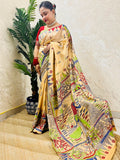Beige handwoven kantha stitch saree with detailed human figure embroidery by Desi Aadat
