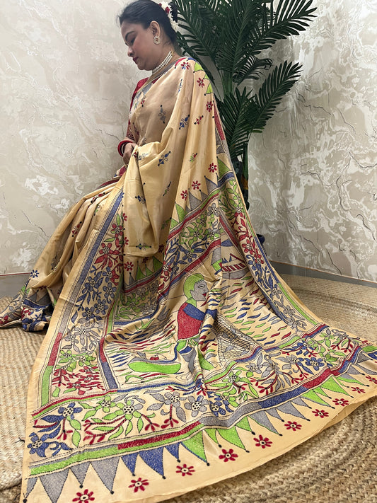 Beige handwoven kantha stitch saree with detailed human figure embroidery by Desi Aadat