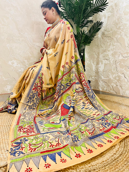 Beige handwoven kantha stitch saree with detailed human figure embroidery by Desi Aadat