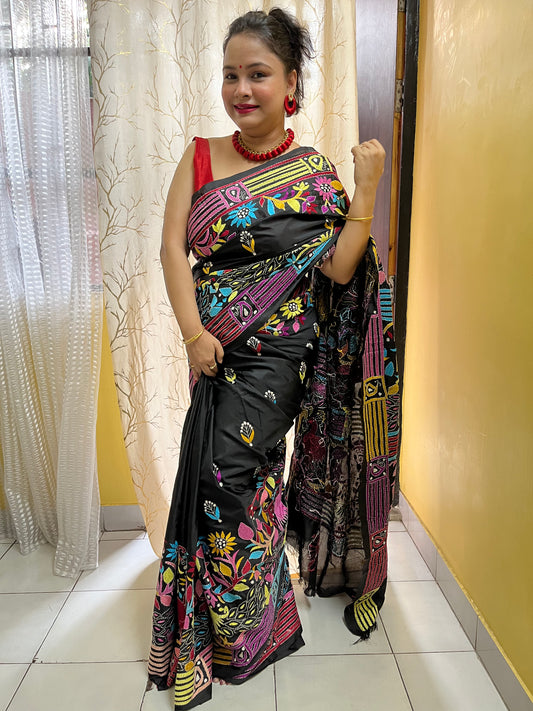 Black kantha stitch saree with vibrant peacock motif hand embroidery by Desi Aadat