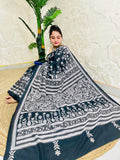 Front view of model wearing the affordable luxury black Bangalore silk saree with white Katha stitch floral and geometric detailing