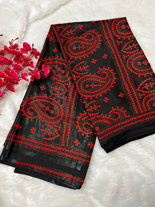 Black Kantha Stitch Saree with vibrant red paisley embroidery handcrafted by Desi Aadat artisans