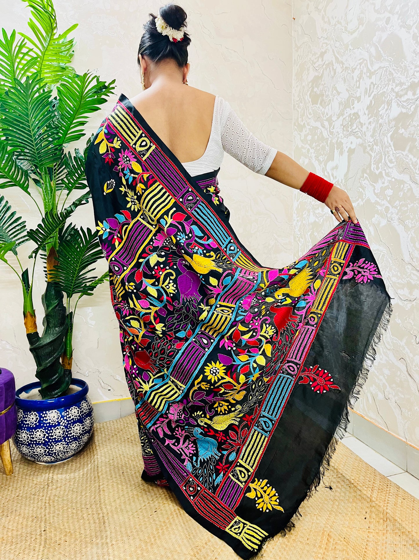 Black Peacock Motif Kantha Stitch Saree