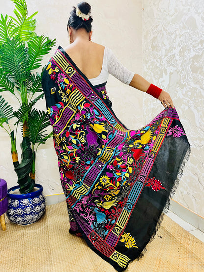 Black Peacock Motif Kantha Stitch Saree