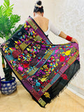 Black Peacock Motif Kantha Stitch Saree