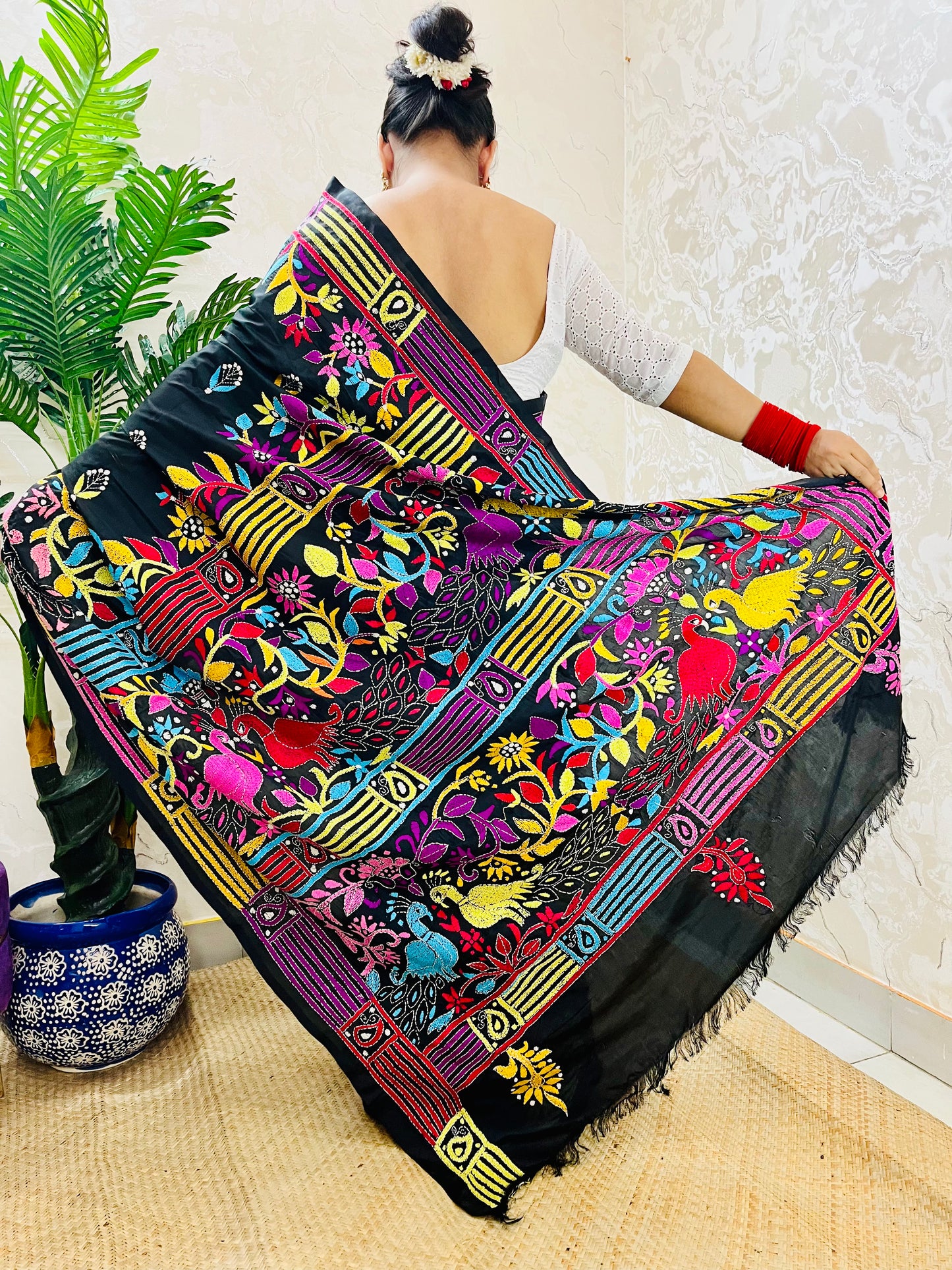 Black Peacock Motif Kantha Stitch Saree