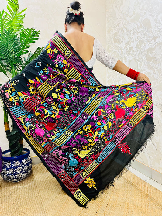 Black Peacock Motif Kantha Stitch Saree