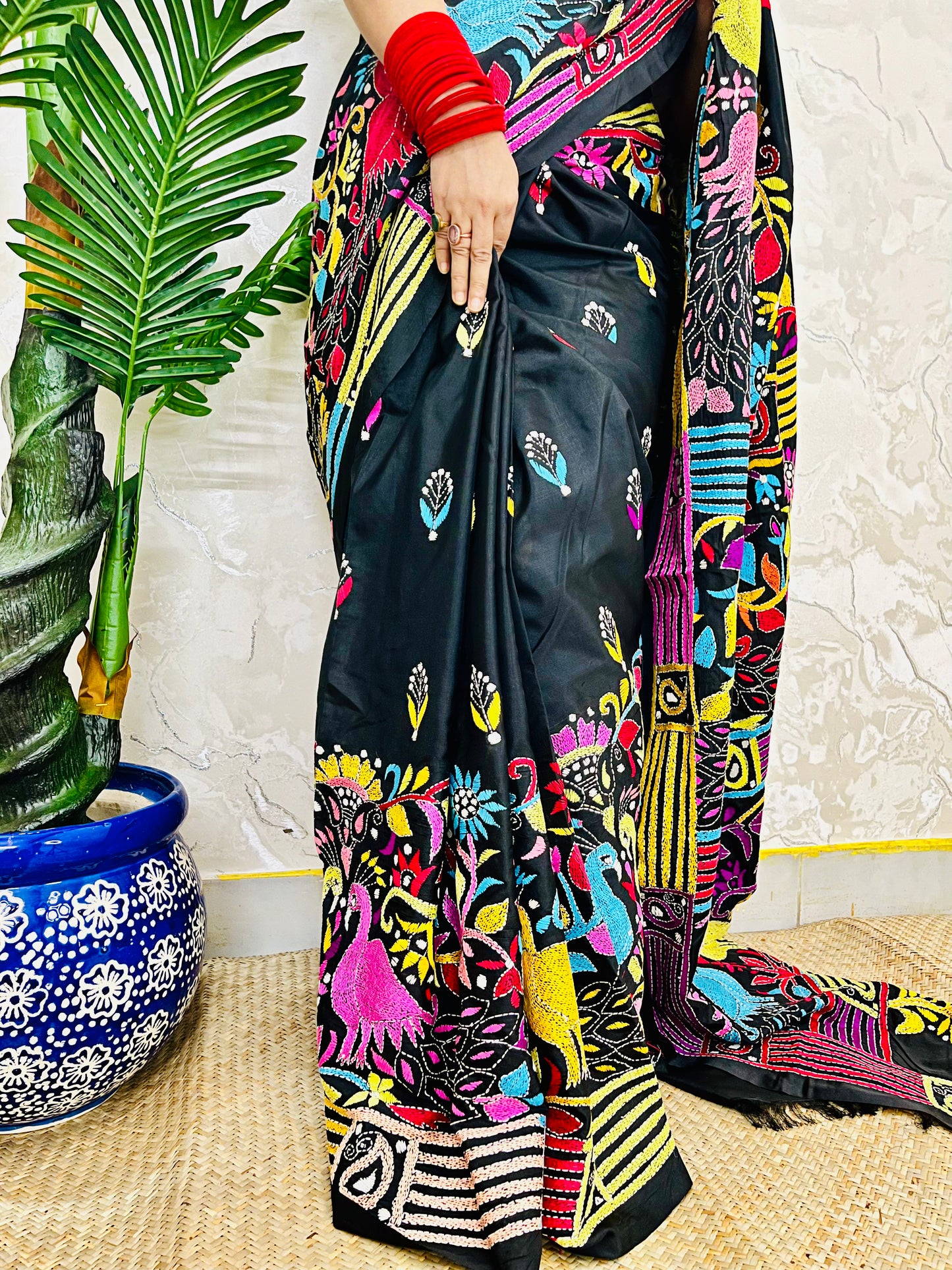 Black Peacock Motif Kantha Stitch Saree