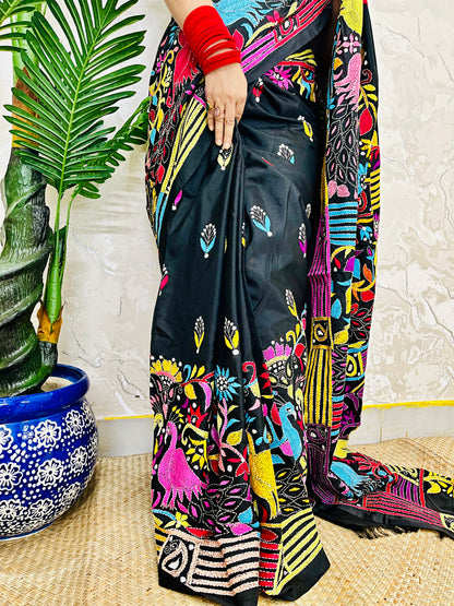Black Peacock Motif Kantha Stitch Saree