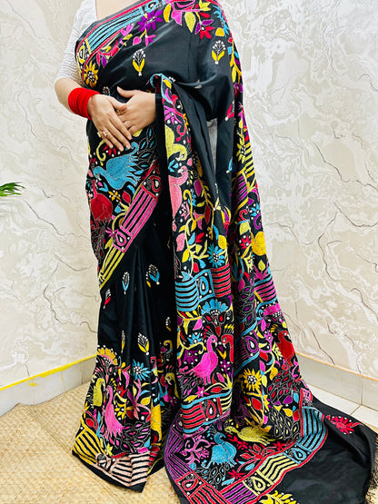 Black Peacock Motif Kantha Stitch Saree