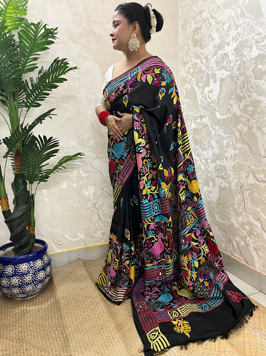Black kantha stitch saree with vibrant peacock motif hand embroidery by Desi Aadat