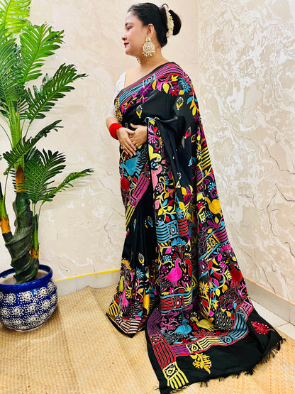 Black Peacock Motif Kantha Stitch Saree
