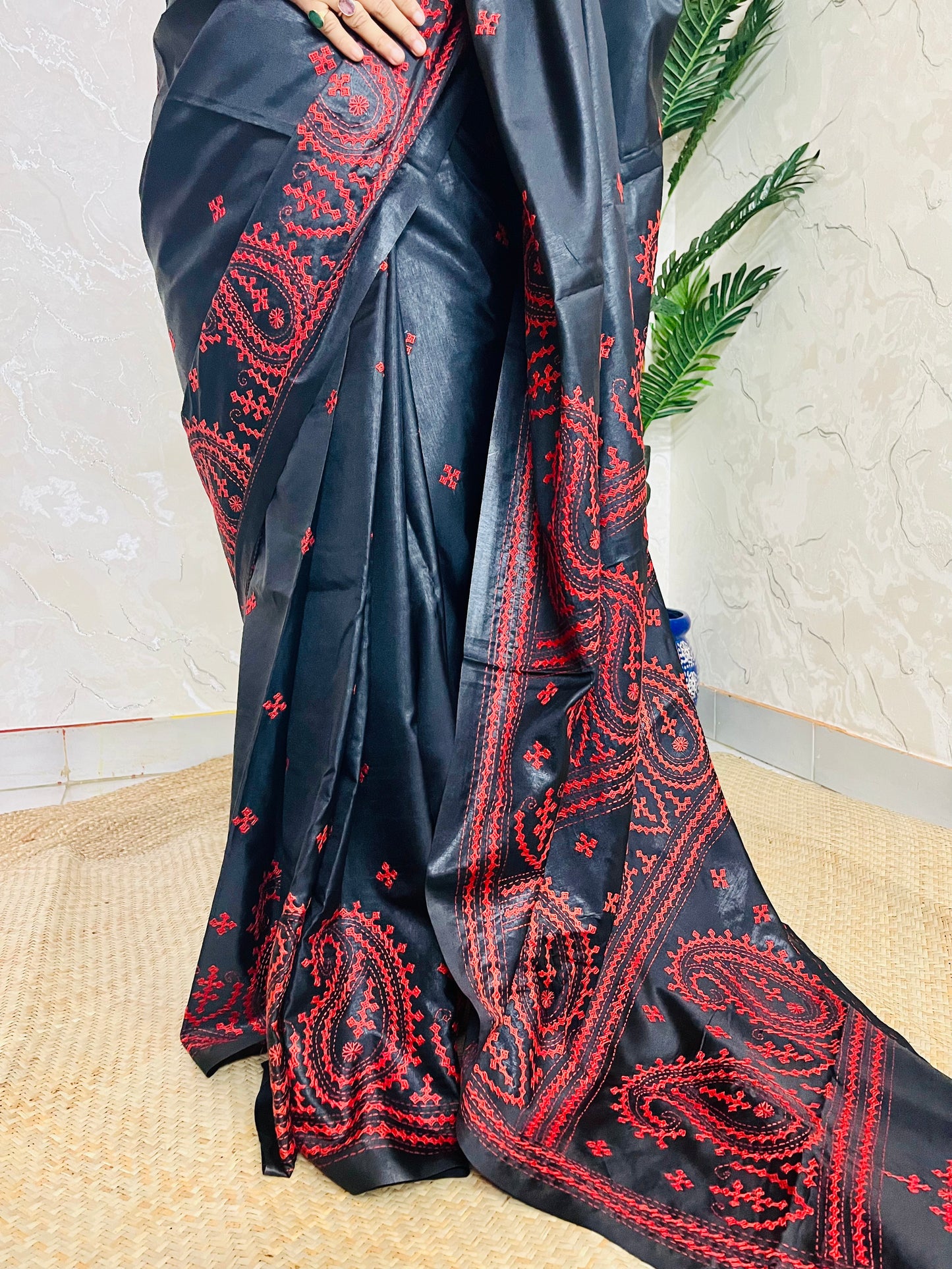Black Kantha Stitch Saree with vibrant red paisley embroidery handcrafted by Desi Aadat artisans