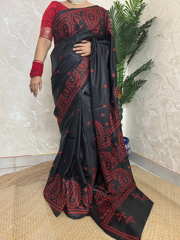 Black Kantha Stitch Saree with vibrant red paisley embroidery handcrafted by Desi Aadat artisans