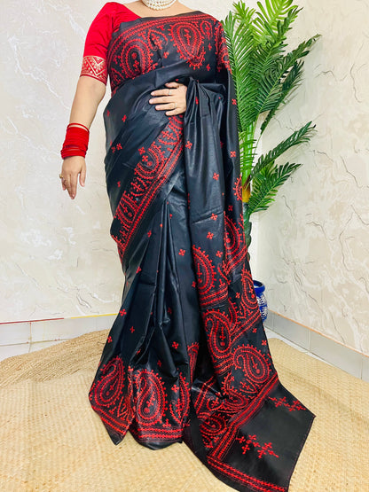 Black Kantha Stitch Saree with vibrant red paisley embroidery handcrafted by Desi Aadat artisans