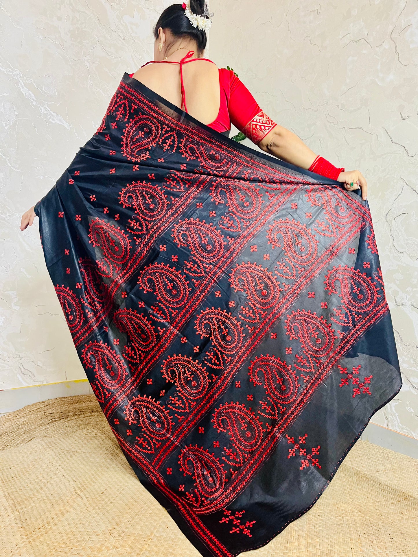 Black Kantha Stitch Saree with vibrant red paisley embroidery handcrafted by Desi Aadat artisans