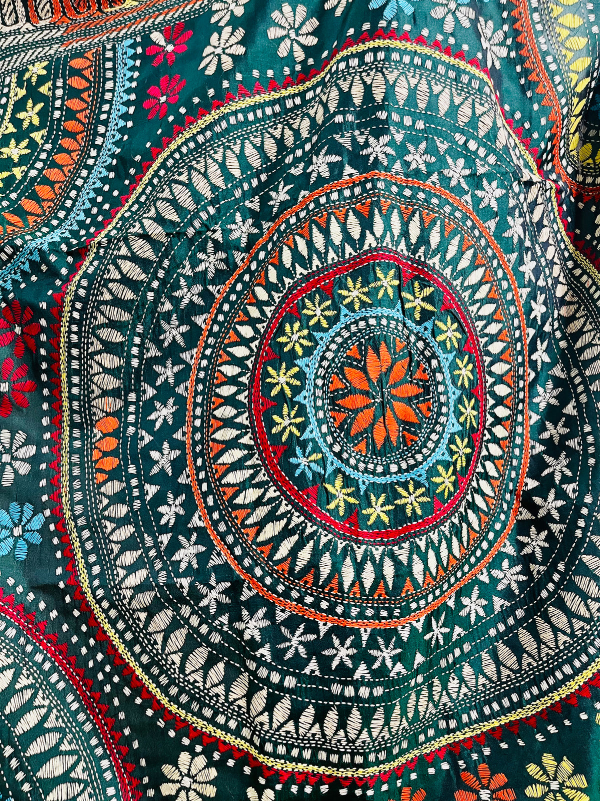 Extreme close-up of the detailed Katha stitch running embroidery, depicting multi-colored concentric circles and floral patterns within the Mandala.