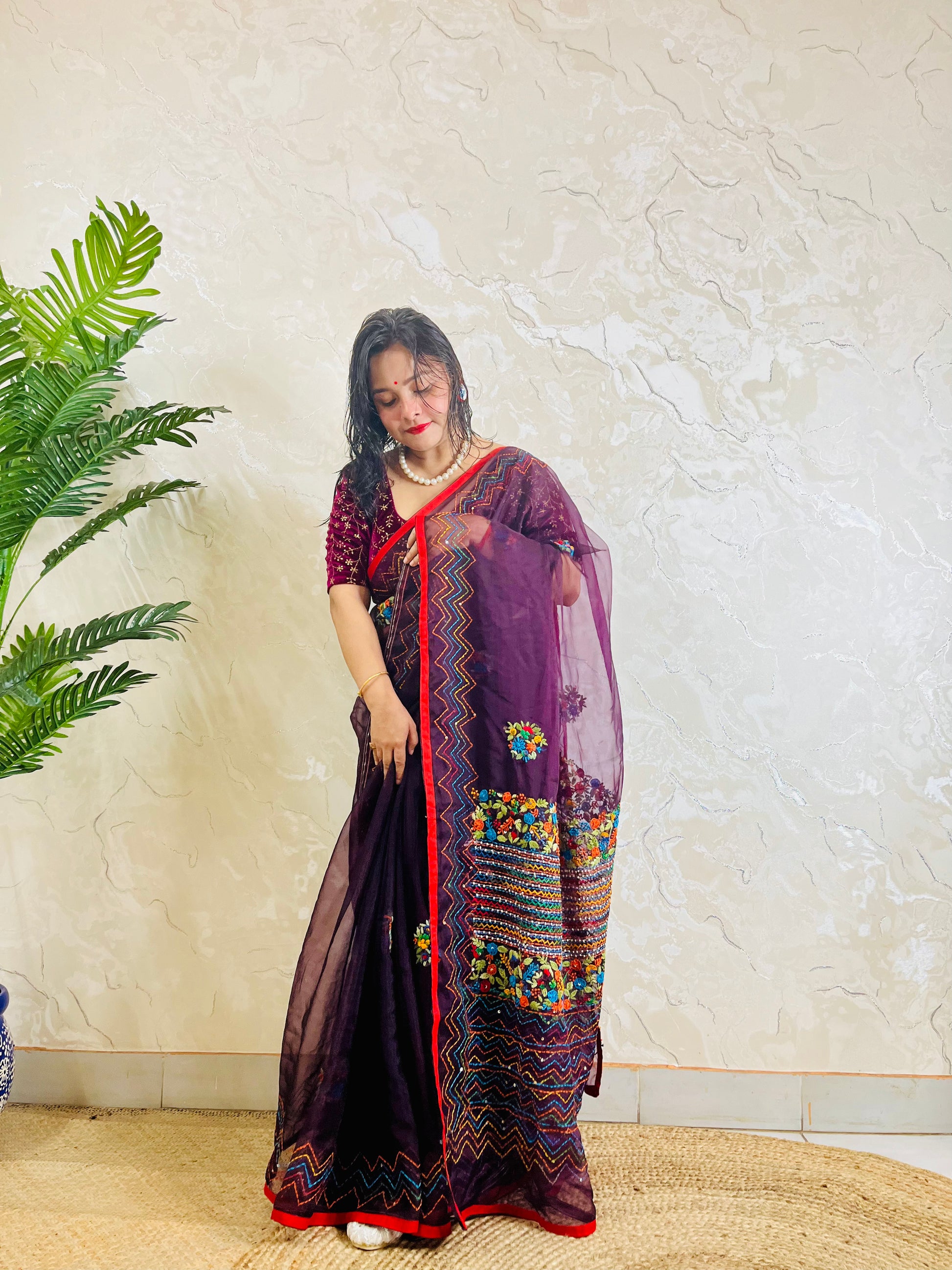 Limited edition Jamun purple Bullion Stitch French Knot organza silk saree draped on model — full front standing view by Desi Aadat
