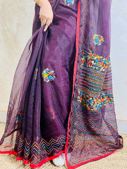Close-up of Bullion Stitch florals and French knot embroidery on handcrafted Jamun purple pure organza silk saree — Desi Aadat