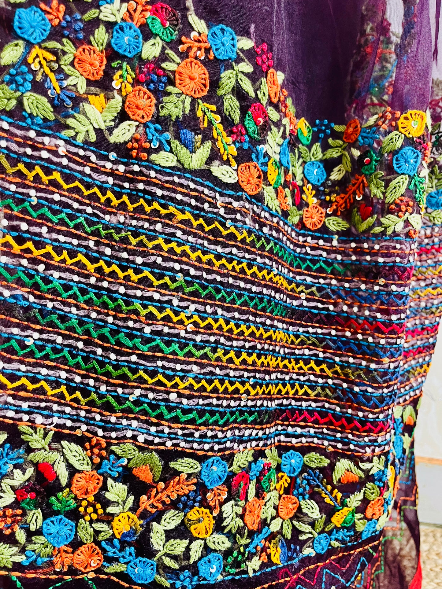 Close-up of Bullion Stitch florals and French knot embroidery on handcrafted Jamun purple pure organza silk saree — Desi Aadat