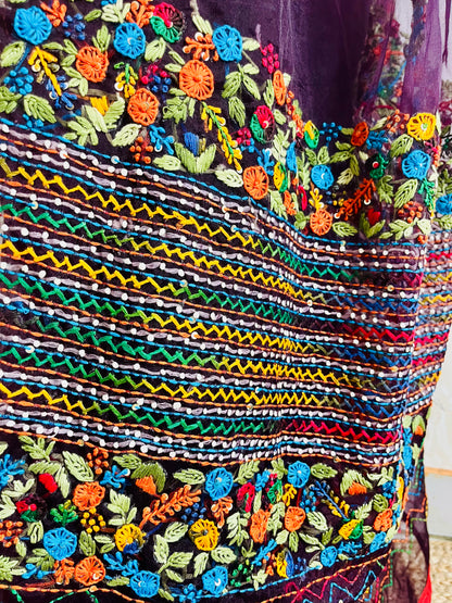 Close-up of Bullion Stitch florals and French knot embroidery on handcrafted Jamun purple pure organza silk saree — Desi Aadat