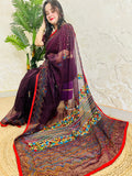 Handmade Jamun purple organza silk saree with multicolour Bullion Stitch floral embroidery and zigzag running stitch — side sitting drape view, Desi Aadat