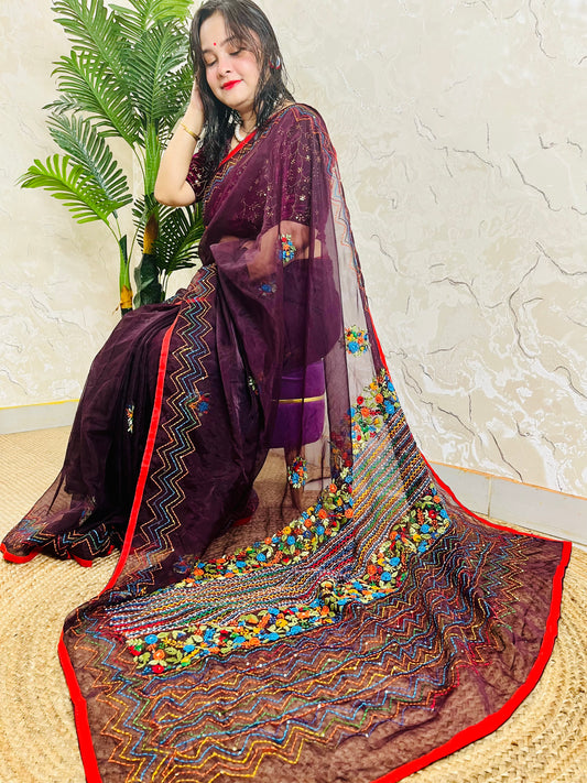 Handmade Jamun purple organza silk saree with multicolour Bullion Stitch floral embroidery and zigzag running stitch — side sitting drape view, Desi Aadat