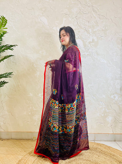 Limited edition Jamun purple Bullion Stitch French Knot organza silk saree draped on model — full front standing view by Desi Aadat