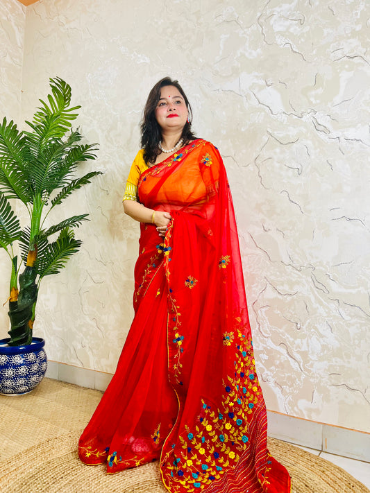 Luxury handmade red organza saree with bullion stitch and French knot embroidery — full drape front view by Desi Aadat