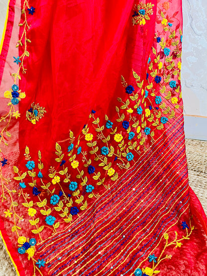 Bullion stitch and French knot hand embroidery on red pure organza silk saree — close-up detail, Desi Aadat