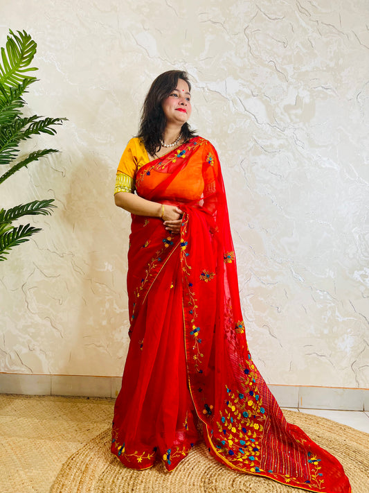 Luxury handmade red organza saree with bullion stitch and French knot embroidery — full drape front view by Desi Aadat