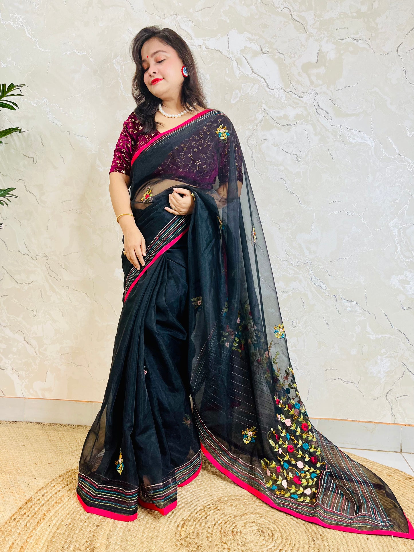Traditional saree for women - Pure Black Organza Silk with hand-embroidered Bullion Stitch pallu by Desi Aadat