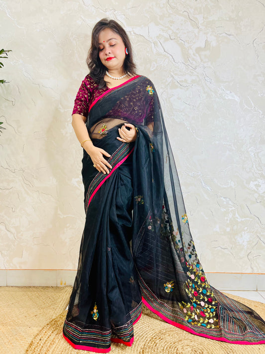 Traditional saree for women - Pure Black Organza Silk with hand-embroidered Bullion Stitch pallu by Desi Aadat